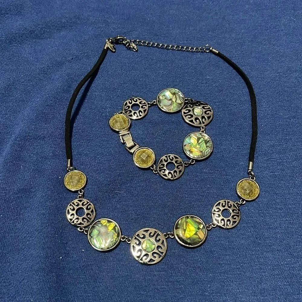 Lia Sophia necklace hematite genuine abalone filigree &  matching bracelet - Picture 3 of 9